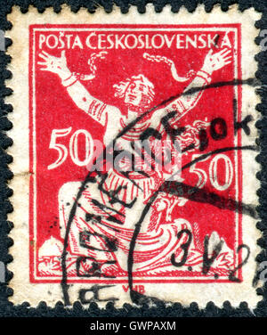 Briefmarke gedruckt in der Tschechoslowakei, zeigt die Allegorie der Republik, brechen Ketten in die Freiheit Stockfoto