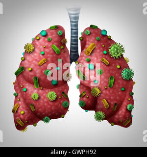 Lungenentzündung-Infektion medizinisches Konzept als menschliche Lunge als Lunge Krankheit Diagnose mit 3D Abbildung Elemente von Viren und Bakterien infiziert. Stockfoto