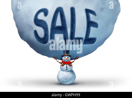 Winter-Verkauf-Symbol mit einem Schneemann Anheben einer riesigen Schneeball mit Text geprägte im Schnee als Retail Marketing und Promotion Symbol werben ein Chritmas-Specials oder Urlaub Rabatte mit 3D Abbildung Elemente. Stockfoto