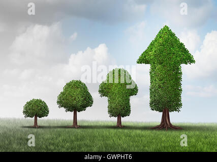 Konzept der wachsenden Erfolg als eine Gruppe von Bäumen, die von einem kleinen Start zu einer erfolgreichen Finnisch als einen Baum geformt wie ein Pfeil mit 3D Abbildung Elemente als Geschäft Metapher für Investitionen Reife zu entwickeln. Stockfoto