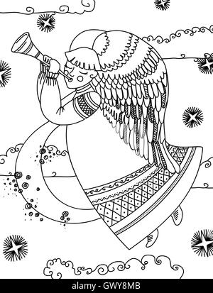 Engel mit einer Querflöte fliegen in den Nachthimmel. Vektor-Illustration. Kontur zeichnen. Isoliert auf weißem Hintergrund. Stock Vektor