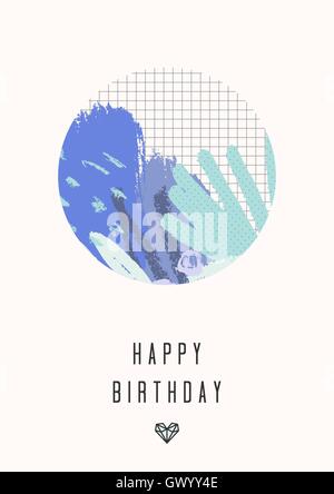 Eine Collage aus blau und lila Hand gezogenen Elemente und Raster Textur. Moderne und originelle Geburtstag Kartendesign. Stock Vektor