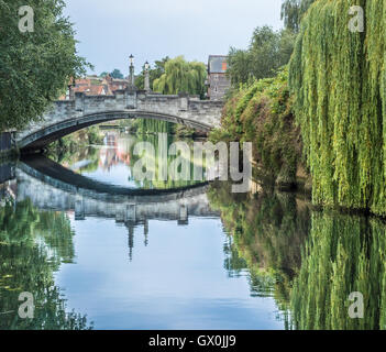 Reflexionen von einer alten Brücke aus Stein und Bäume im Fluss Wensum, Norwich, England Stockfoto