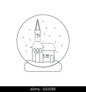 Vektor-Illustration des Rathauses mit Uhr und das Haus in Glaskugel mit Schnee. Gestaltungselement für Postkarte, Einladung, Stock Vektor