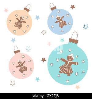 Sammlung von Weihnachtskugeln mit Sternen und niedlichen Lebkuchenmänner auf weißem Hintergrund. Stock Vektor