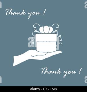 Niedliche Bild mit Hand, ein Geschenk und eine Inschrift: Ich danke Ihnen auf einem farbigen Hintergrund. Stock Vektor