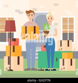 Junges Paar Umzug in neues Haus Vektor-illustration Stock Vektor
