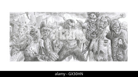 Zombie horten außer Kontrolle geraten, etwas in ihren Weg und einander dabei zu zerstören. Original ist Bleistift auf Papier. Stockfoto