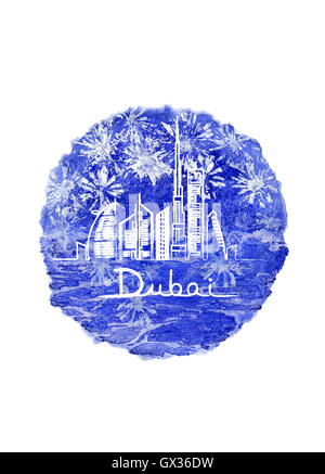 Dubai Stadt mit Wolkenkratzern und Sehenswürdigkeiten und Feuerwerk am Himmel auf dem Aquarell Hintergrund Stockfoto