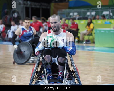 Rio De Janeiro, Brasilien. 14. September 2016. Paralympischen Spiele 2016 in Rio. Eröffnungsspiel der Rollstuhl Rugby Pool B zwischen den Vereinigten Staaten und Frankreich. Bildnachweis: PhotoAbility/Alamy Live-Nachrichten Stockfoto