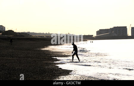 Brighton, UK. 15. Sep, 2016. Schwimmer machen am frühen Morgen Sonnenschein vor Brighton Beach, wie das September-Hitzewelle-Wetter im Südosten von England heute weiter, aber es wird voraussichtlich in den nächsten Tagen Credit viel cooler geworden: Simon Dack/Alamy Live News Stockfoto