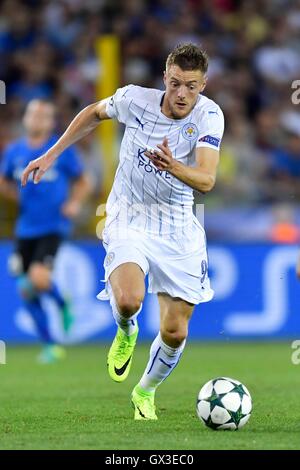 14.09.2016. Stadion Jan Breydel, Brügge, Belgien. Fußball-UEFA Cahmpions League. FC Brügge gegen Leicester City.   Jamie Vardy vorwärts von Leicester bricht in der Brügge die Hälfte Stockfoto