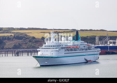 Pembrokeshire, UK. 15. Sept., 2016. MS Albatros dockt in Milford Haven, Pembrokeshire 15. September 2016. Das letzte Kreuzfahrtschiff der Saison, den Hafen Milford Haven mit ca. 830 Passagiere zu besuchen. Die Albatros überquerte die irische See von Dublin und Wil weiter die Isles of Scilly. Bildnachweis: Derek Phillips/Alamy Live-Nachrichten Stockfoto