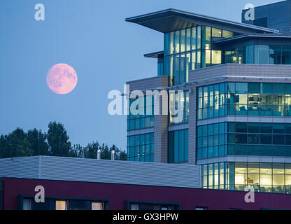 Newcastle Upon Tyne, England, Vereinigtes Königreich, 15. September 2016. Wetter: Eine fast voller Mond (Vollmond is16th Sept) leuchtend Orange steigt über Newcastle Quayside und Gateshead am Donnerstagabend. Bildnachweis: Alan Dawson News/Alamy Live-Nachrichten Stockfoto