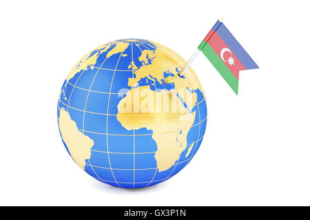 Aserbaidschanische Pin Flagge auf Globuskarte, 3D rendering Stockfoto
