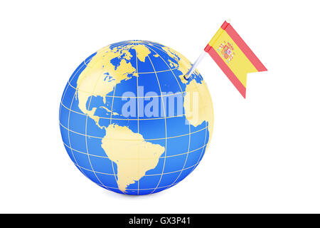 Spanische Pin Flagge auf Globuskarte, 3D rendering Stockfoto