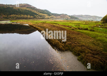 Abendlicht am Fluss Mawddach, Penmaenpool nahe dem Ortszentrum, Wales, Vereinigtes Königreich Stockfoto