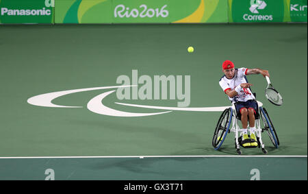 Der Brite Andy Lapthorne Wettbewerb in Herren Quad Einzel-Gold Medal Match der während des siebten Tages der Rio Paralympischen Spiele 2016 in Rio De Janeiro, Brasilien. Stockfoto