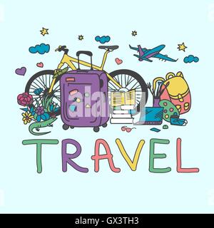 Niedliche Reisen Illustration mit Fahrrad, Tasche, Flugzeug. Bunte Zusammensetzung der Reisen Lifestyle.  Reise und Freizeit. Abbildung Stock Vektor