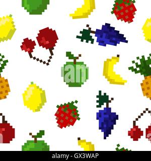 Pixel-Obst-Hintergrund. Früchte-Muster. Pixel-Kunst. Apfel, Banane, Ananas, Trauben, Erdbeeren, Kirschen. Gesunde Ernährung gesetzt. Stock Vektor