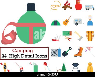 Set von 24 Camping Icons. Flache Farbgestaltung. Vektor-Illustration. Stock Vektor