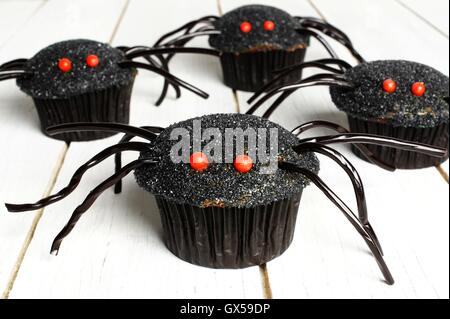 Gruppe von Halloween Spinne Cupcakes auf weißem Holz Stockfoto