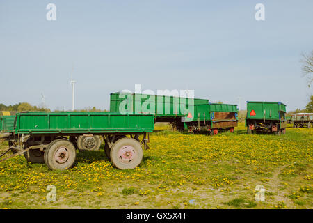 Grüne landwirtschaftliche Anhänger auf dem Bauernhof in den Morgen. Stockfoto