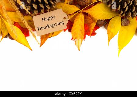 Happy Thanksgiving Geschenkanhänger mit Rahmen von bunten Blättern und Tannenzapfen, isoliert auf weiss Stockfoto