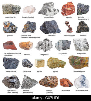 Sammlung von rohen Mineralien und Erze mit Namen isoliert auf weißem Hintergrund Stockfoto