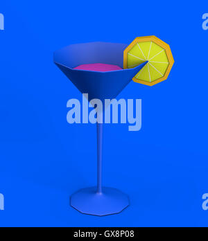 3D Darstellung der Martini cocktail Glas mit rosa Flüssigkeit und Zitronenscheibe auf blauem Hintergrund Stockfoto