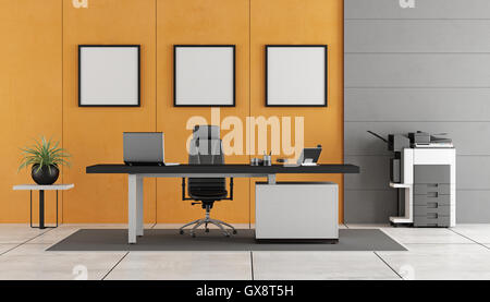 Grau und orange modernes Büro mit Beton Wand, Schreibtisch und Kopierer - 3D-Rendering Stockfoto