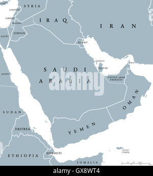 Arabische Halbinsel Ländern politische Karte mit Ländergrenzen und einzelnen Ländern. Arabia ist eine Halbinsel des westlichen Asien. Stockfoto