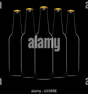 Silhouette von Bierflaschen isoliert auf schwarz Stockfoto