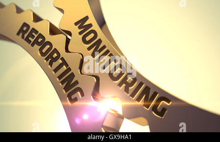 Monitoring-Berichterstattung Konzept. Golden metallische Zahnrad Zahnräder. 3D Illustration. Stockfoto