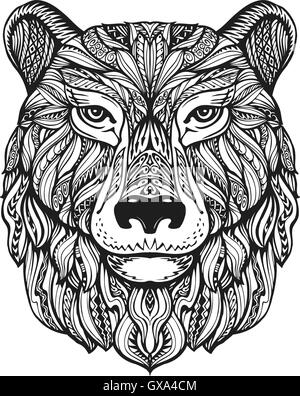 Bear "oder" grizzly Kopf isoliert auf weißem Hintergrund. Hand gezeichnet Vektor-Illustration mit dekorativen Elementen Stock Vektor