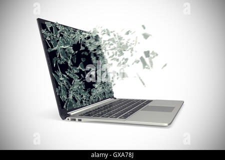 Moderne Metall-Laptop mit gebrochenen Bildschirm isoliert auf weißem Hintergrund. 3D illustration Stockfoto