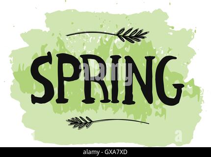 Frühling handgezeichnete Schriftzug auf grünem und weißem Hintergrund. Schöne Schrift für Poster oder Druck. Typografie Gestaltung. Stock Vektor