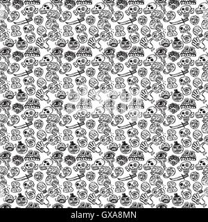 Gruselige Doodles - nahtlose Vektormuster. Enthält handgezeichnete Bilder von Schädel, Kopf, Gehirn und gruselige Gesichter Stock Vektor