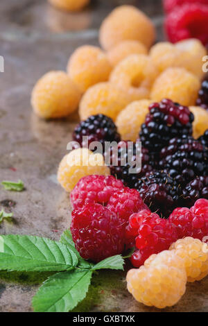 Haufen von bunten Himbeeren Stockfoto