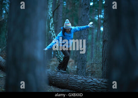 Weibliche Wanderer balancieren auf umgestürzten Baum im Wald Stockfoto