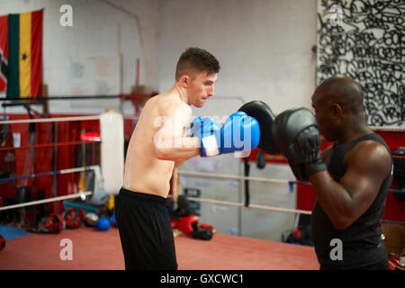 Boxer trainieren mit Trainer im Boxring Stockfoto