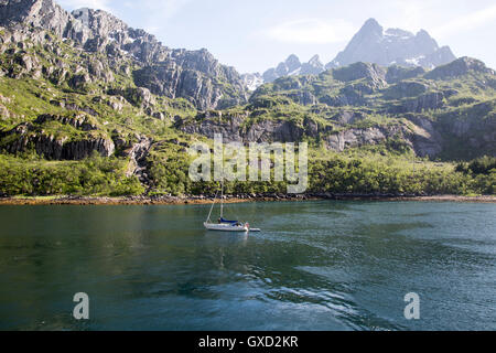 Steilen einseitige glazialen Mulde Fjord gezackten Berggipfel, Trollfjord, Lofoten-Inseln, Nordland, Nord, Norwegen Stockfoto
