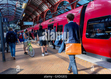 Kopenhagen, Dänemark, Menschenmenge, die innerhalb der U-Bahn läuft, DSB-Bahnsteig im Hauptbahnhof, Kobenhavn C (hovedbanegård), der mit dem Zug fährt Stockfoto