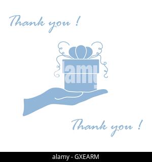 Niedliche Bild mit Hand, ein Geschenk und eine Inschrift: Ich danke Ihnen auf einem weißen Hintergrund. Stock Vektor
