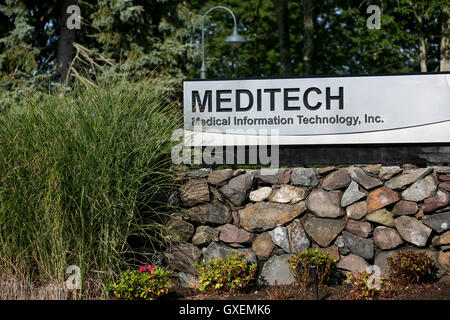 Ein Logo-Zeichen außerhalb einer Einrichtung von medizinischen Information Technology, Inc., auch bekannt als Meditech, im Kanton, Massachus besetzt Stockfoto