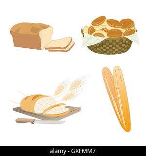 Set von Cartoon Essen, isoliert Brot - Weizen, Vollkorn, Brötchen im Korb, in Scheiben geschnitten, französisches Baguette, Vektor-Illustration, auf weiss Stock Vektor