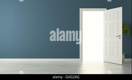 hochauflösende geöffnete Tür mit blauen Wand Konzept 3D-Rendering Hintergrund für Ihr Projekt Stockfoto