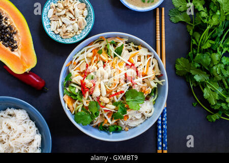 Pochiertes Hühnchen, Kraut und Papaya Salat mit Reisnudeln und Koriander Stockfoto