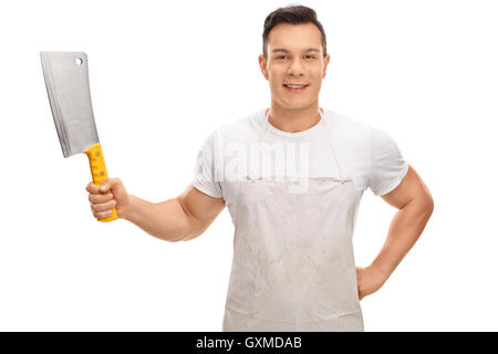 Jungen Metzger mit einem Beil isoliert auf weißem Hintergrund Stockfoto