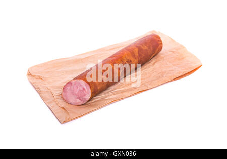 Stick von Wurst auf einem weißen Hintergrund. Stockfoto